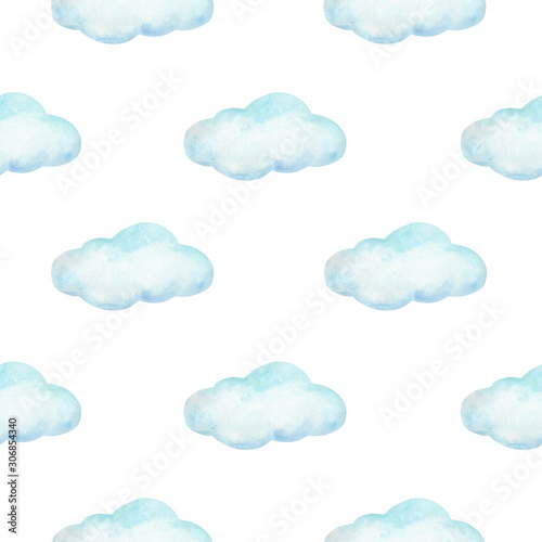 Light, airy design watercolor seamless pattern with clouds. Used in textiles, paper products, wrapping paper, scrub paper and more.