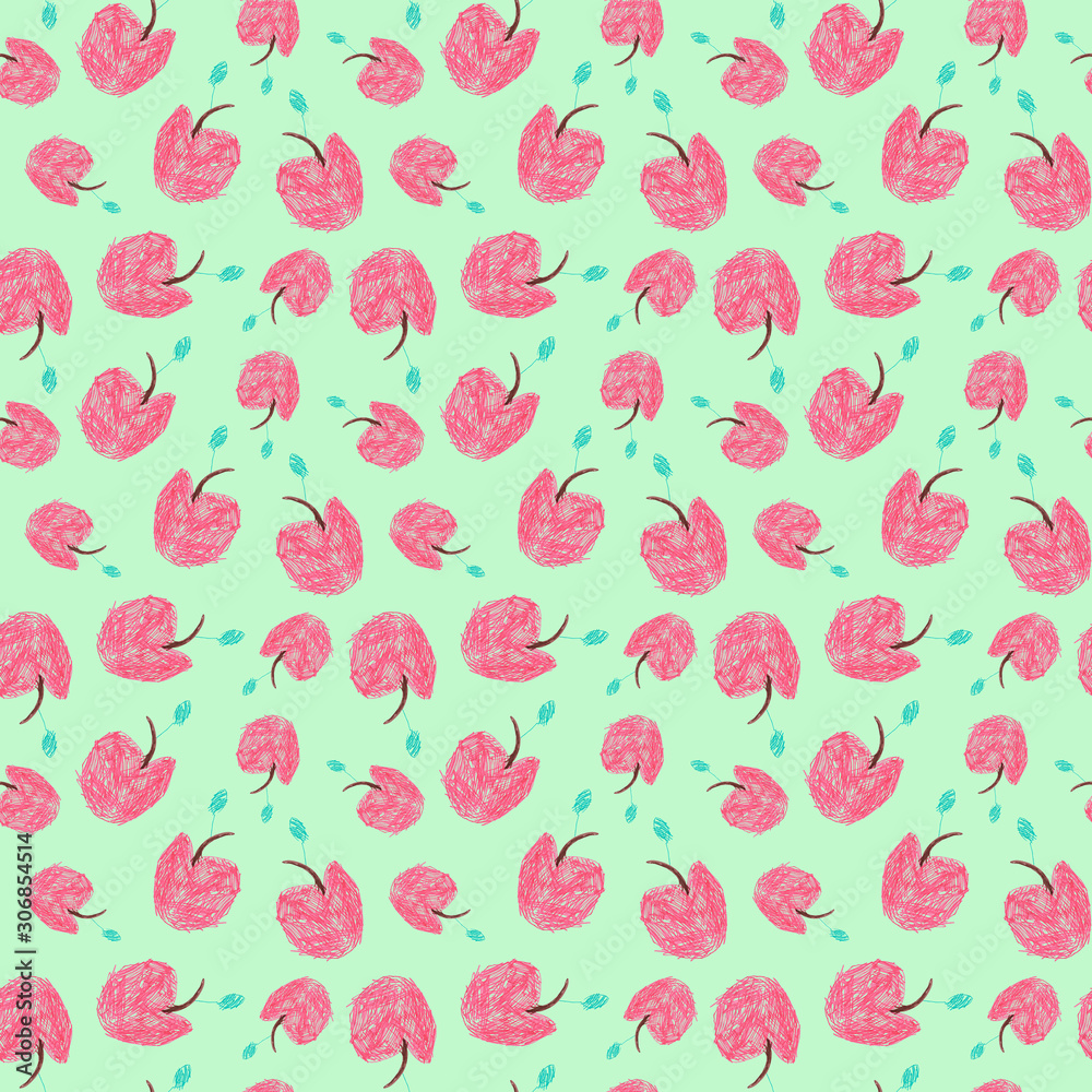 Children's drawing style, red apples seamless pattern on a green background. Design for fabric, wallpaper, baby room, packaging, paper, print. Color design.