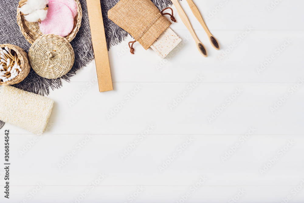Body care or bath products on white background. Top view Body care or bath products on white background. Top view