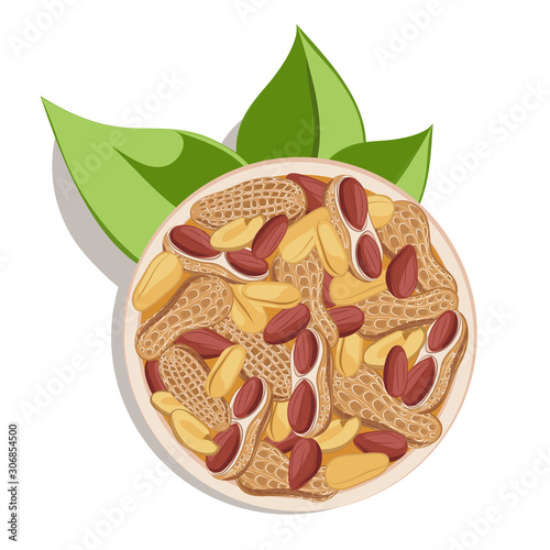 Cartoon color vector peanut set with leaves and peanut butter