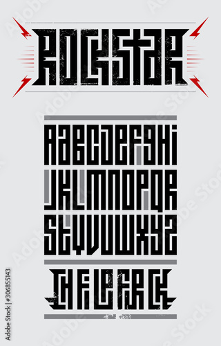Rockstar - original font. Suitable for t-shirt prints, headlines, poster designs. Full set of letters. Vector illustration.