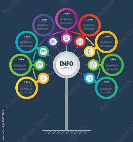 Business presentation or info graphics concept with 9 steps. Template of development tree. Infographic of technology or education process with options. Annual report is segmented into nine parts.