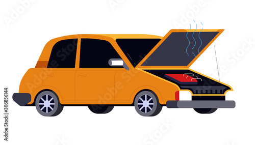 Broken car with open hood, road accident or crash