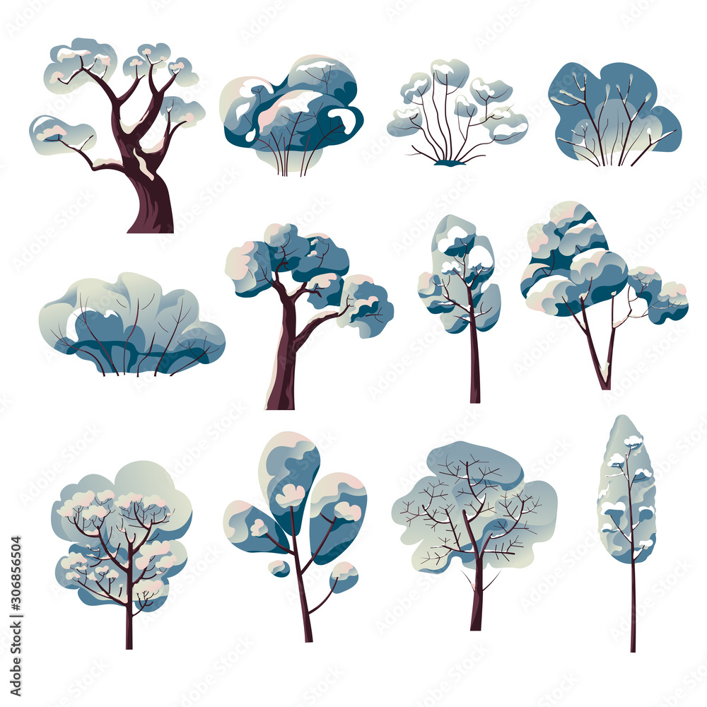 Winter bare tree watercolor paintings isolated icons