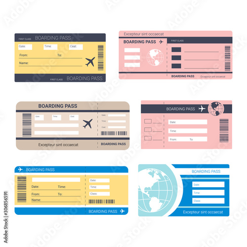 Boarding passes isolated icons, airplane traveling tickets