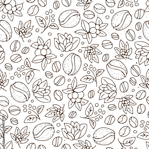 Seamless coffee background with branch of coffee and coffee beans. Hand drawn illustration in sketch style. Coffee seed, bean, composition of beans and coffee leaves, seeds on a branch in pattern with