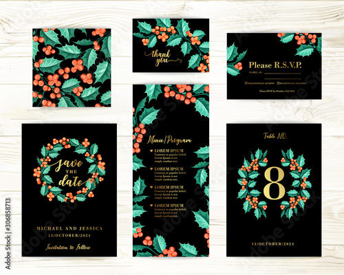 Bundle of Save The Date and RSVP Invitation Card. Invitation card with mistletoe background. Set of Floral templates with christmas flowers.