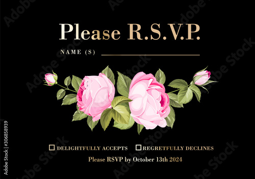RSVP Invitation Card with floral rose garland and tepmplate text. Vector illustration. photo