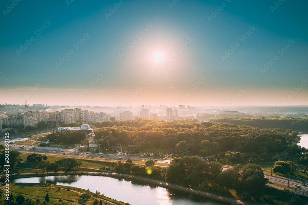 Minsk, Belarus. Top view, cityscape of Minsk, Belarus. Summer season, sunset time. Nyamiha district. War Museum