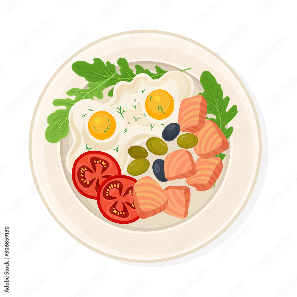 Salmon Slices with Fried Eggs Served on Plate Salmon Slices with Fried Eggs Served on Plate