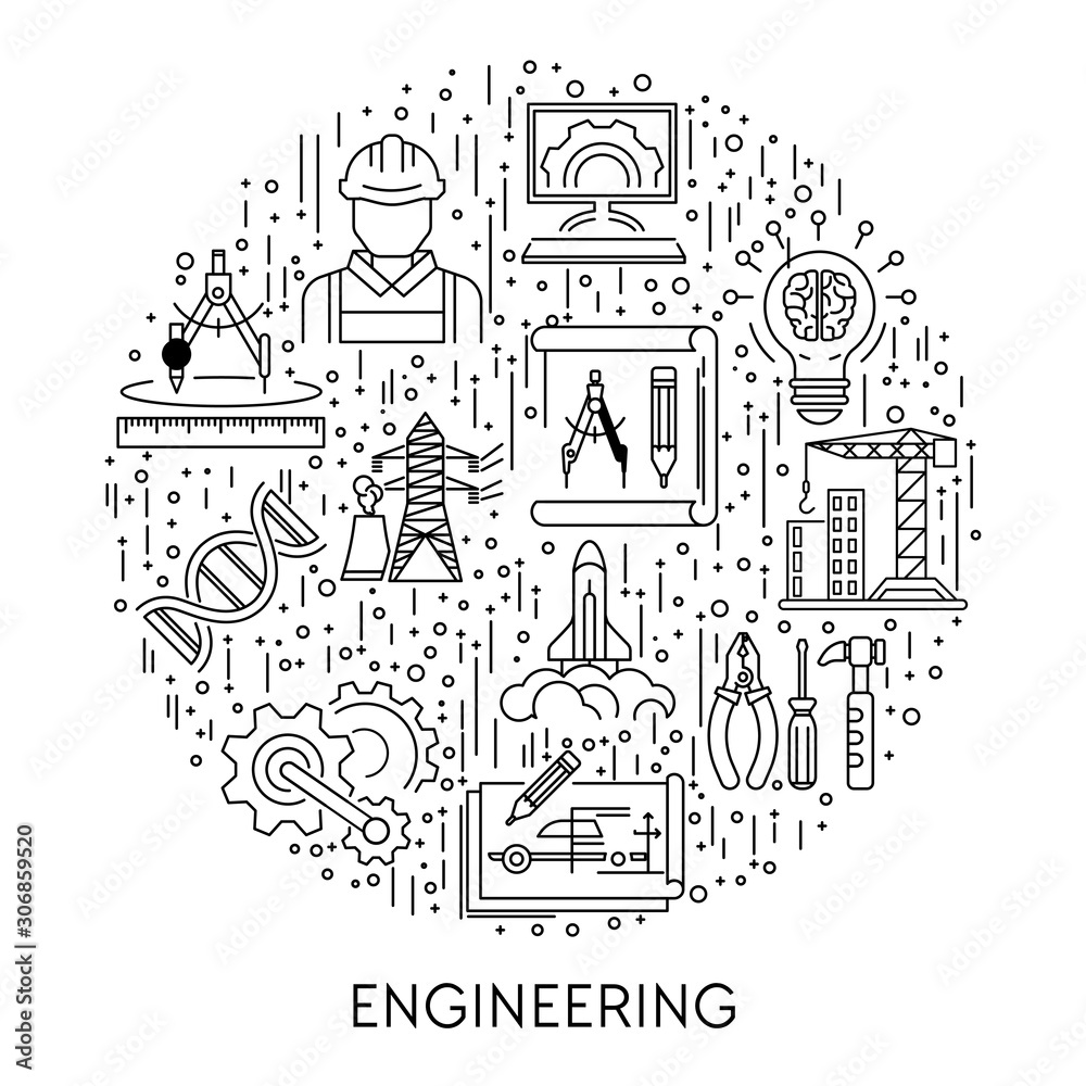 Building and science, engineering industries line icons on emblem or poster