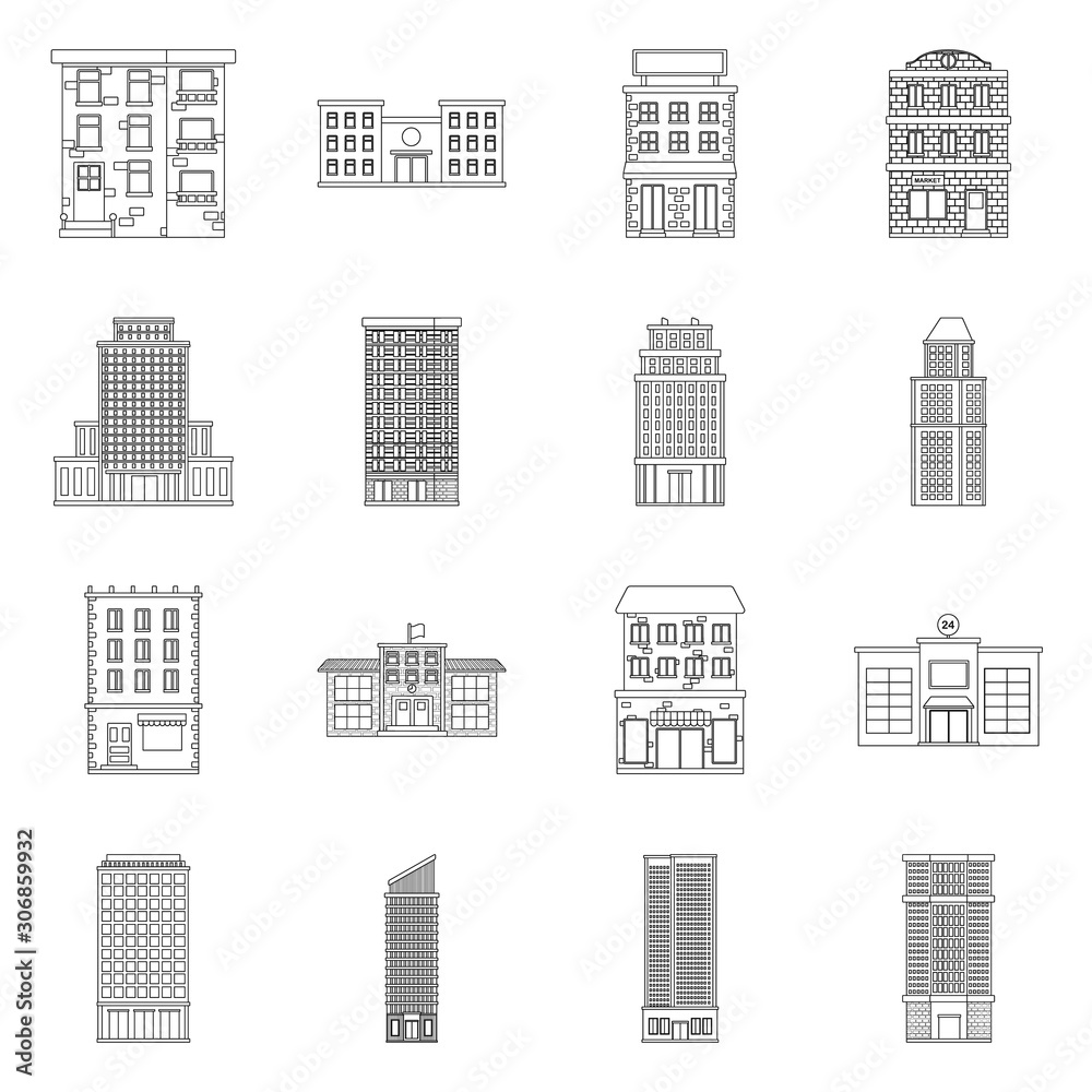 Vector illustration of architecture and exterior sign. Collection of architecture and city stock vector illustration.