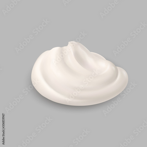 White Whipped Cream Isolated on Gray Background. Facial Gel or Body Lotion Skincare Icon. Cosmetics BB Makeup Swatch. Drop of Liquid Foundation Stroke