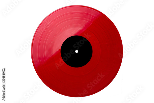 New red plastic vinyl musical lp record with black label isolated over a white background