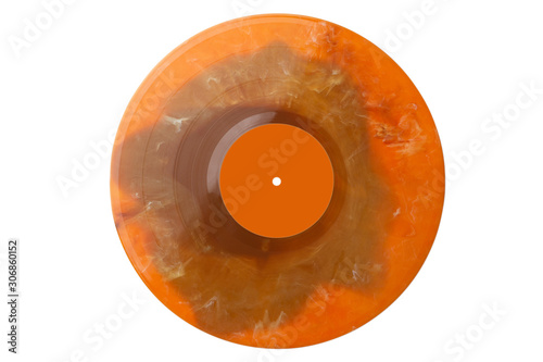 New orange plastic vinyl musical lp record with orange label isolated over a white background