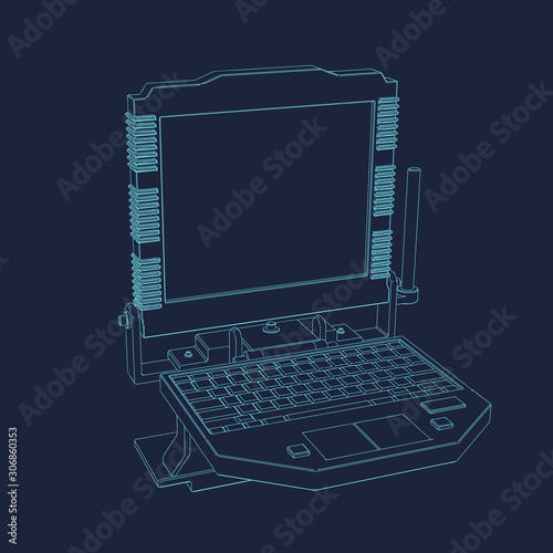 Police rugged laptop computer. 3d Vector outline illustration.