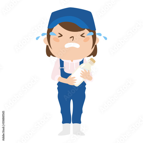 職種のイラスト。女性の酪農家。涙を流して、泣いている女性。