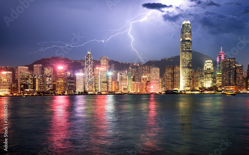Hong Kong at storm with lightning bolt