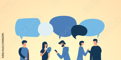 Flat design social network communication vector concept illustration of group of people chatting with speech bubbles. Template for web design, banner, mobile app, landing page and infographics.