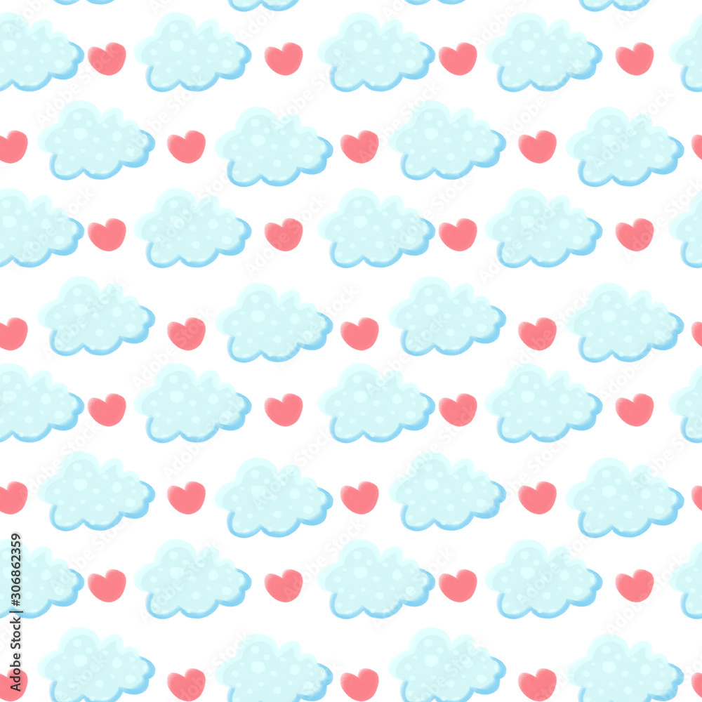 Cute seamless pattern with clouds and heart on white back