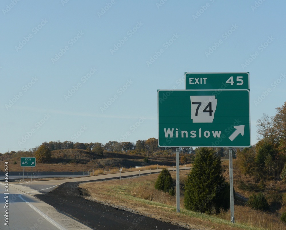 Roadside signs and directions for exit to Winslow at Interstate 49, Arkansas. Roadside signs and directions for exit to Winslow at Interstate 49, Arkansas.