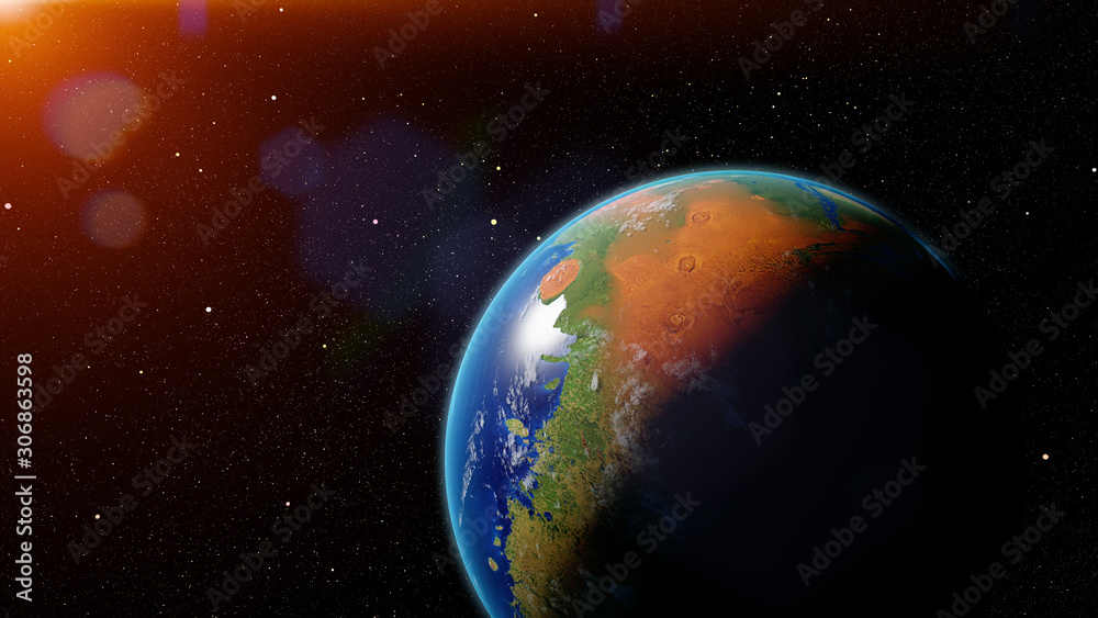 Fototapeta premium Sun is shining on terraformed Mars, plants and oceans on the red planet