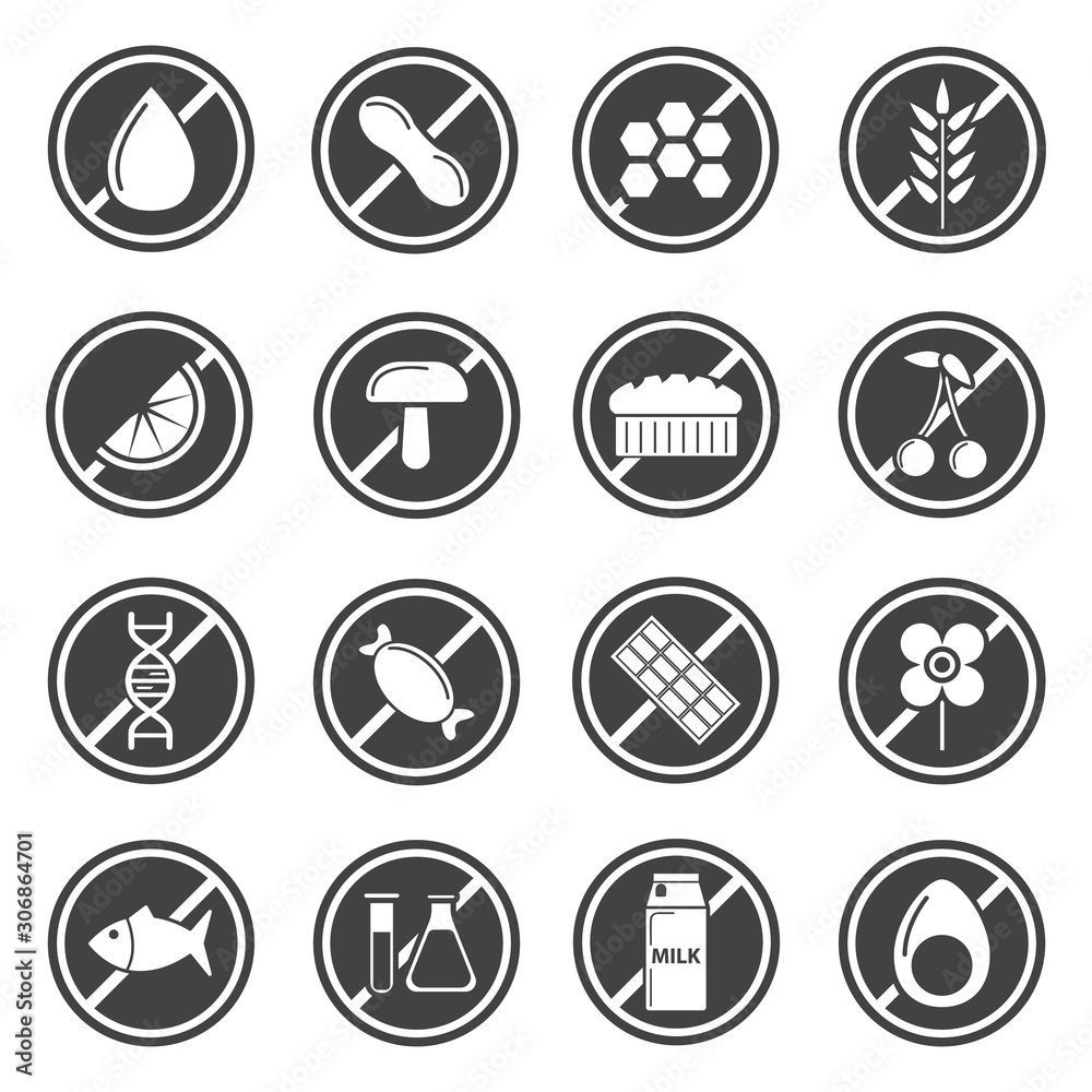 Ban and prohibition, restricted products, food isolated icons