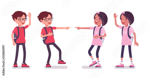School boy, girl in casual wear laughing. Cute small children with a rucksack, active young friend kids, smart elementary pupils aged between 7 and 9 years old. Vector flat style cartoon illustration