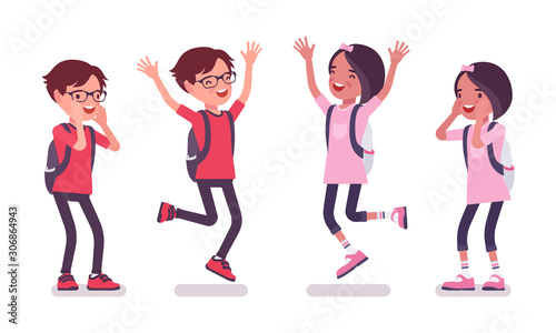 School boy, girl in casual wear jumping, screaming. Cute small children with rucksack, active young friend kids, smart elementary pupils between 7, 9 years old. Vector flat style cartoon illustration