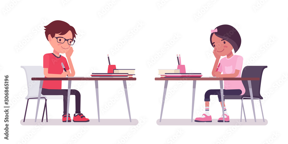 School boy, girl sitting at desk busy with study and home work. Cute small  children, young