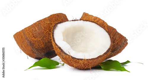 Cracked coconut with leaves isolated on white background