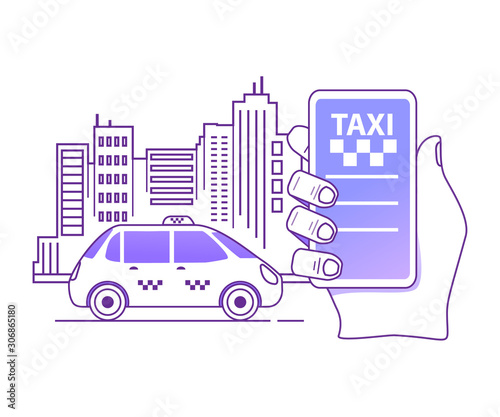 Online taxi cab order mobile application concept.Hand holding smart phone app .   City silhouette with skyscrapers.Flat outline illustration vector.