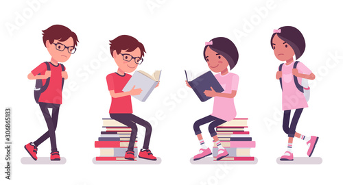 School boy, girl sitting on a stack of books, read for lesson. Cute small children, active young friend kids, smart elementary pupils aged between 7, 9 year old. Vector flat style cartoon illustration