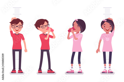 School boy, girl in casual wear with a drink and height measure. Cute small children, active young friend kids, smart elementary pupils age 7, 9 years old. Vector flat style cartoon illustration