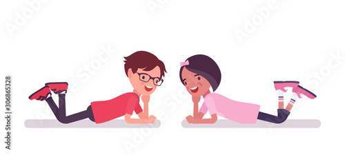 School boy, girl in a relaxation lying on the abdomen, stomach. Cute small children, active young friend kids, smart elementary pupils age between 7, 9 year old. Vector flat style cartoon illustration
