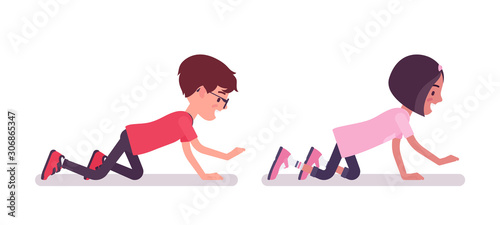 School boy, girl playing crawling on hands and knees, creeping. Cute small children, active young friend kids, smart elementary pupils age between 7, 9 year old. Vector flat style cartoon illustration