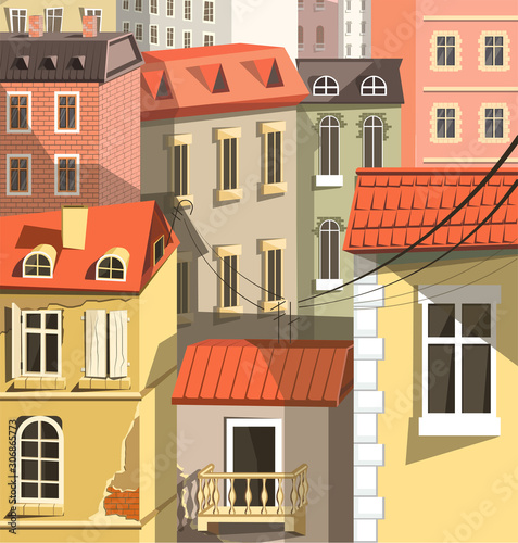 Cityscape closeup, old town houses in European style