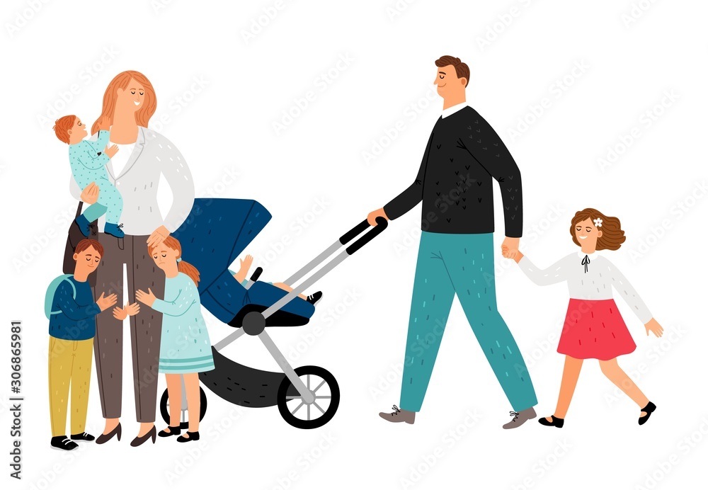 Large family. Flat mother, father, daughters and sons. Happy family vector characters Large family. Flat mother, father, daughters and sons. Happy family vector characters