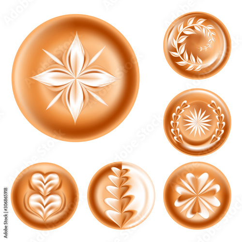 Coffee foam drawing isolated icons, floral pattern and hearts
