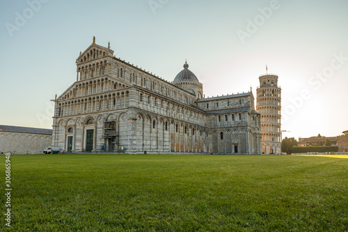 Beautiful Pisa city in Italy. Tuscany region. Iconic Leaning Tower 
