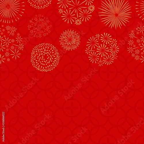 Chinese New Year. Asian seamless pattern and golden fireworks. Vector japanese, thai or korean festive banner