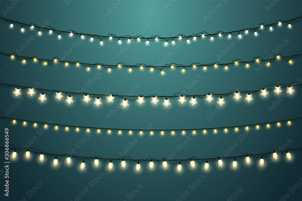 Glowing light bulbs design different forms. Lights garlands collection. Website header template.