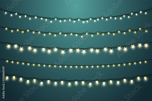 Glowing light bulbs design different forms. Lights garlands collection. Website header template.
