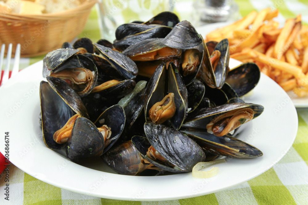 plate of mussels and fries on a table plate of mussels and fries on a table