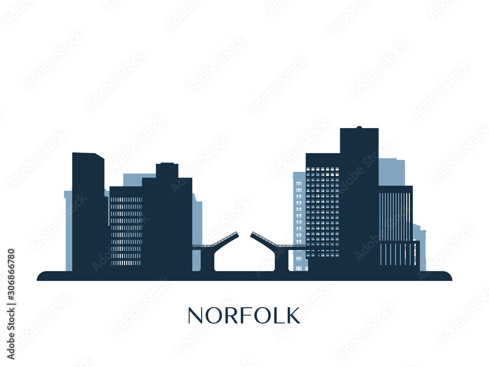 Norfolk skyline, monochrome silhouette. Vector illustration.