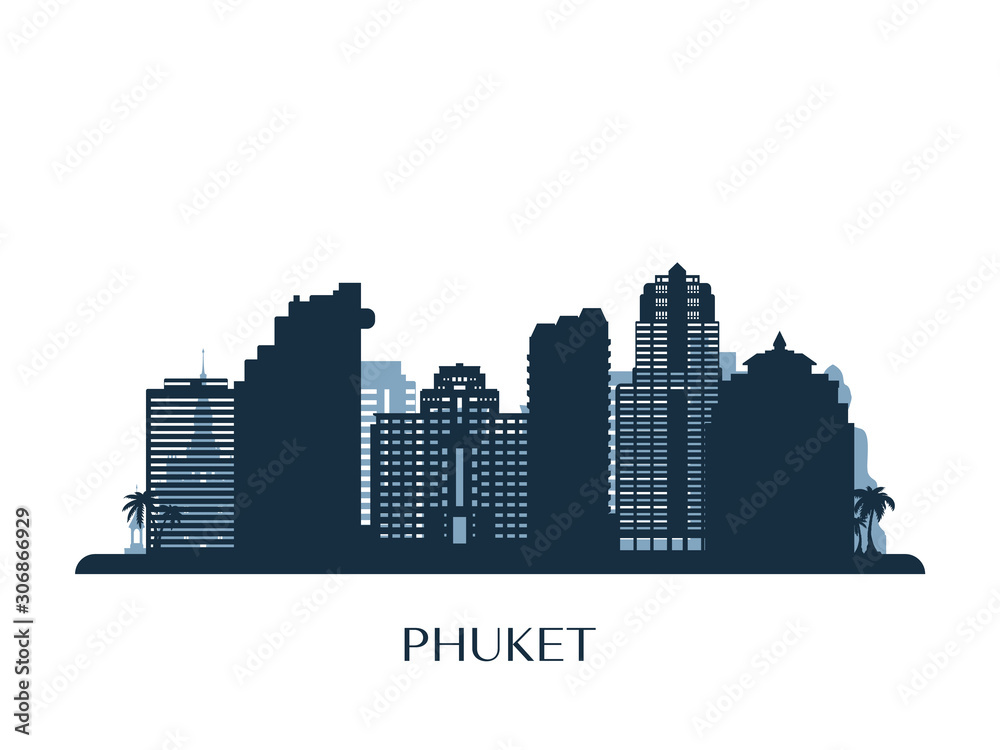 Phuket skyline, monochrome silhouette. Vector illustration.