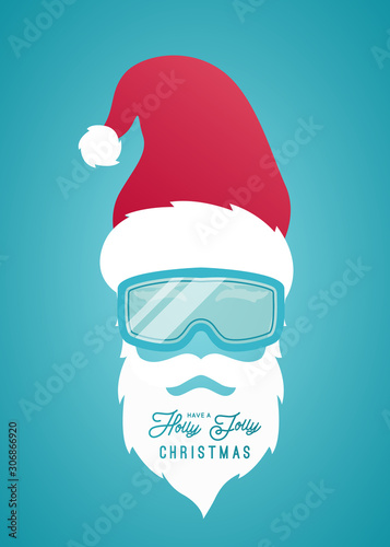 Santa Claus in a red hat and a snowboard mask. Have a Holly Jolly Christmas. Vector vertical banner.
