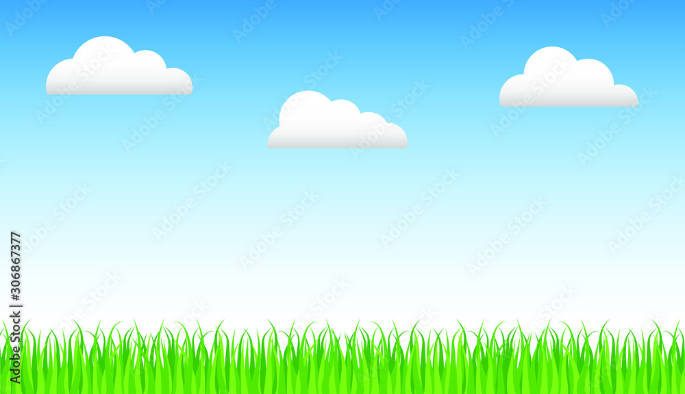 Summer field landscape - blue sky and green grass. Isolated vector illustration. Cloud, lawn, green, eco, texture, pattern template.