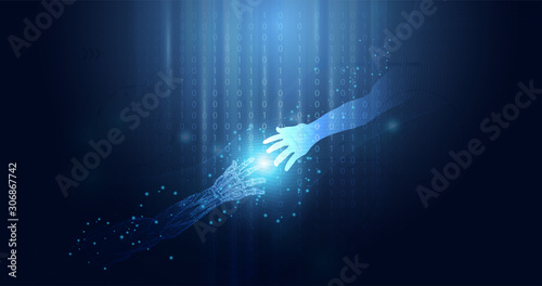 Abstract technology ai concept Technological cooperation of Human and artificial intelligence on background binary blue futuristic hi tech modern gradient and light.vector illustration.