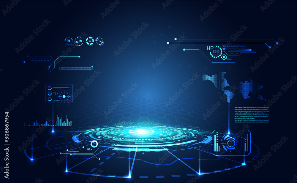 abstract technology ui futuristic concept hud interface hologram elements of digital data chart, communication, computing and circle percent vitality innovation on hi tech future design background